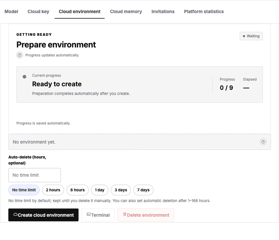 Cloud environment settings: no time limit by default, with optional automatic deletion after 1–168 hours.