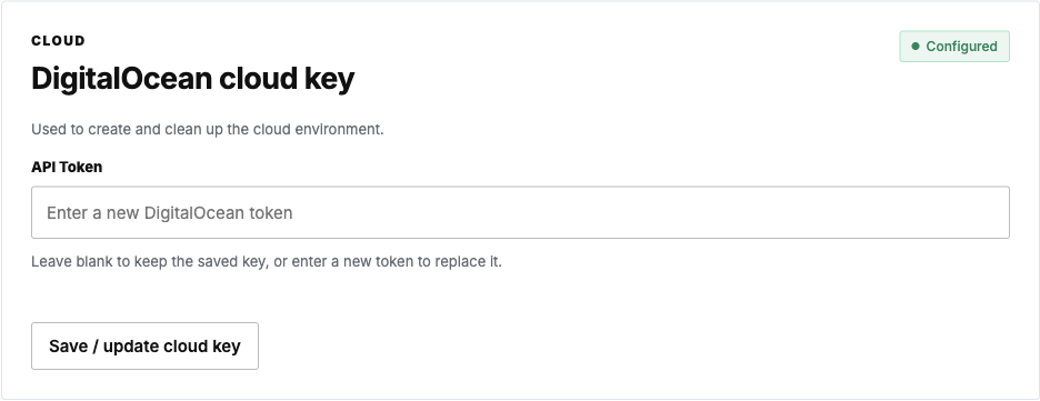 Cloud key settings: enter and save the DigitalOcean API token.