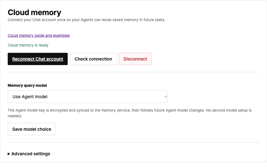 Cloud memory settings: connect Chat, inspect the status and choose a memory query model.